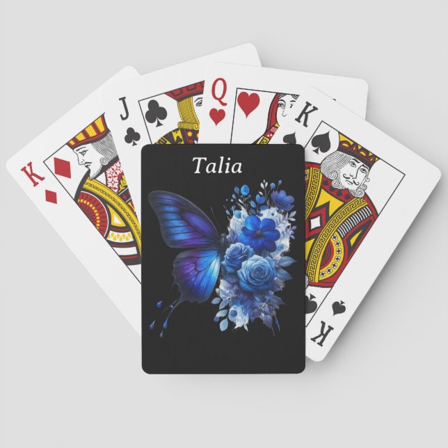 Blue on Black Floral Butterfly Personalized Poker Cards (Back)