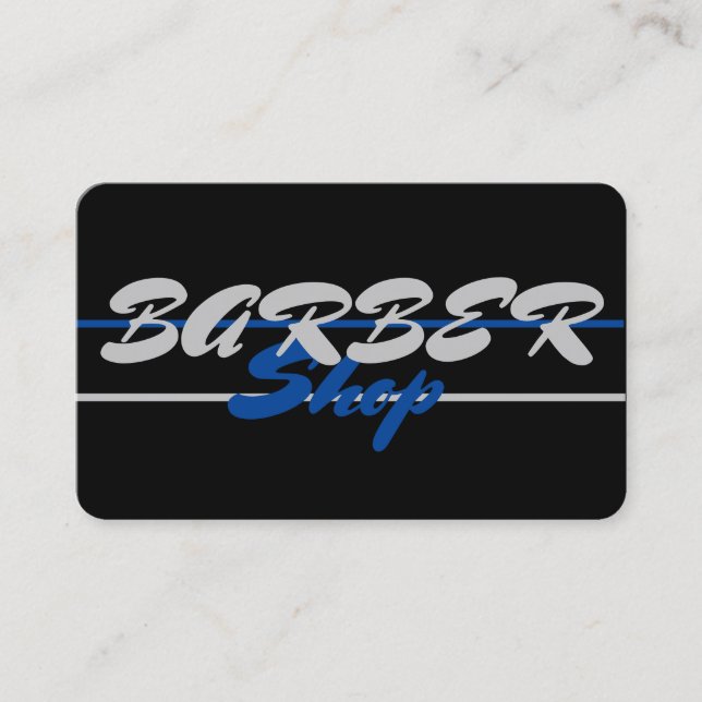 Blue on Black, Grey on Black Barber Shop Business Card (Front)