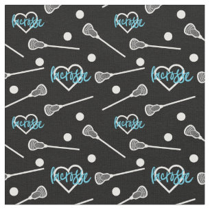 Blue on Black Lacrosse Sticks & Hearts Pattern Fabric