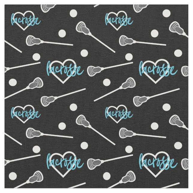 Blue on Black Lacrosse Sticks & Hearts Pattern Fabric (Close Up)