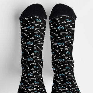 Blue on Black Lacrosse Sticks & Hearts Pattern Socks