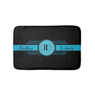 Blue on Black Monogram Art Deco Bathroom Mat