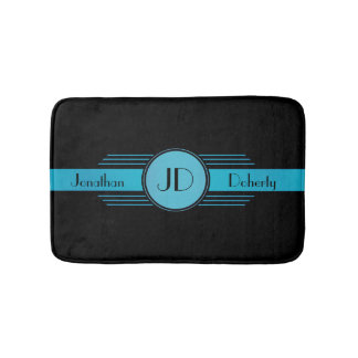 Blue on Black Monogram Art Deco Bathroom Mat