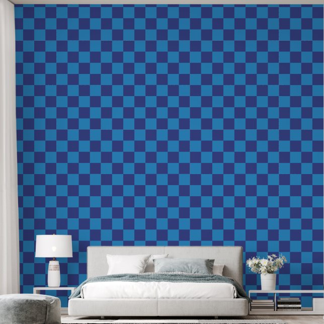 Blue on Blue Checkerboard Patterned Wallpaper (Bedroom)