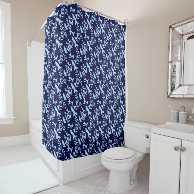 Blue on Blue Hummingbird Pattern Shower Curtain (In Situ)