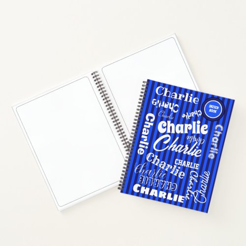 Blue on Blue Stripes Checks Personalized Name Art  Notebook