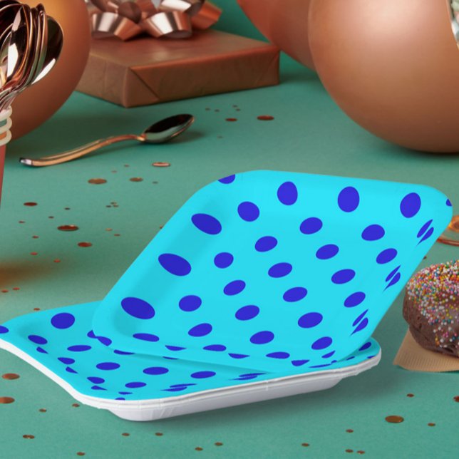 Blue On Cyan Polka Dots Pattern Design Paper Plates (Creator Uploaded)