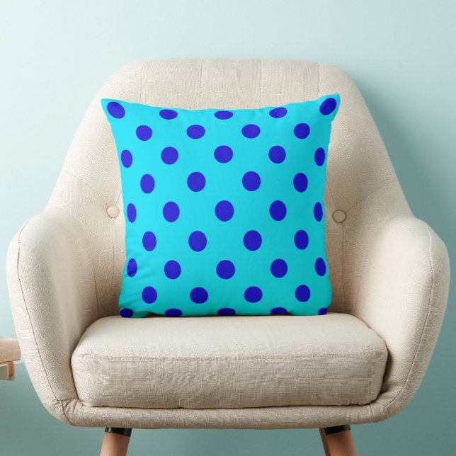 Blue On Cyan Polka Dots Pattern Design Throw Pillow (Creator Uploaded)