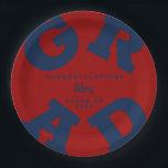 Blue on Dark Red Custom Name Graduation Paper Plates<br><div class="desc">GRAD in bold blue lettering curves around the edges of these dark red graduation party paper plates - available in 2 sizes. Congratulations above the name of your graduate and the Class of below. The perfect addition to your table decor for upcoming grad parties. **TIP: Click on CUSTOMIZE button; click...</div>