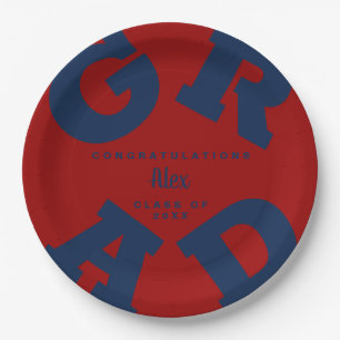 Blue on Dark Red Custom Name Graduation Paper Plates