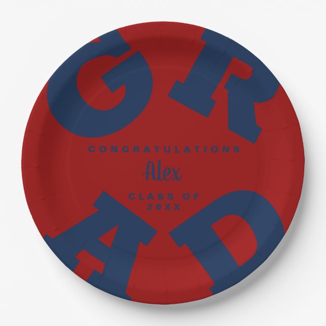 Blue on Dark Red Custom Name Graduation Paper Plates (Front)