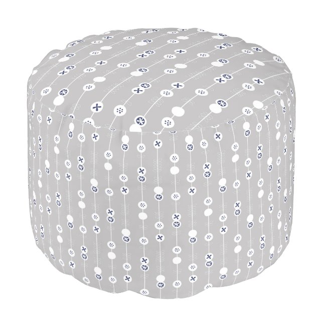 Blue on Gray Retro Fruit Slices Pouf (Angled Front)
