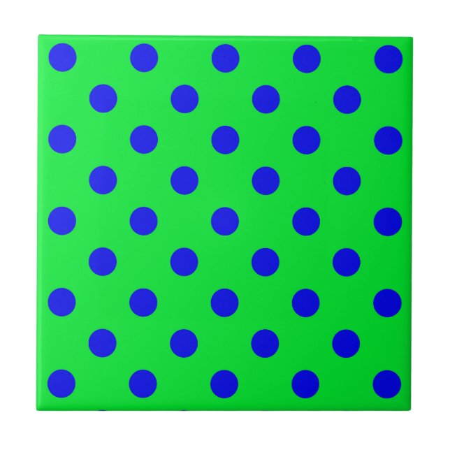 Blue On Green Polka Dots Pattern Design  Ceramic Tile (Front)