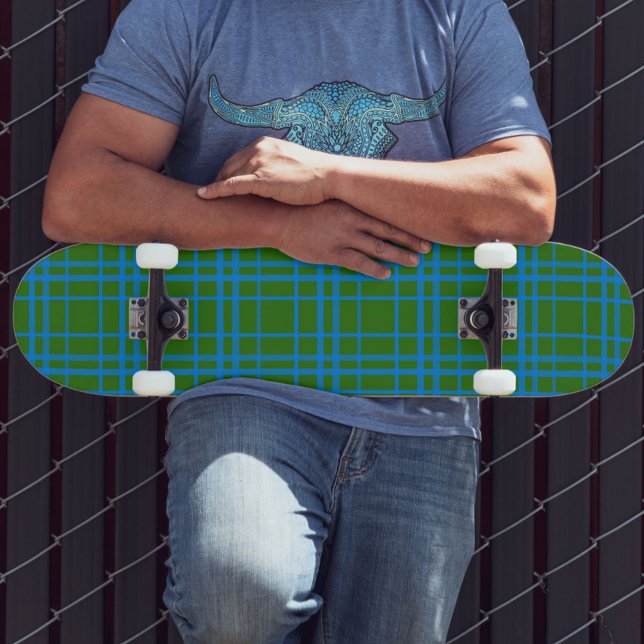 Blue On Green Tartan Plaid Pattern Design  Skateboard (Creator Uploaded)