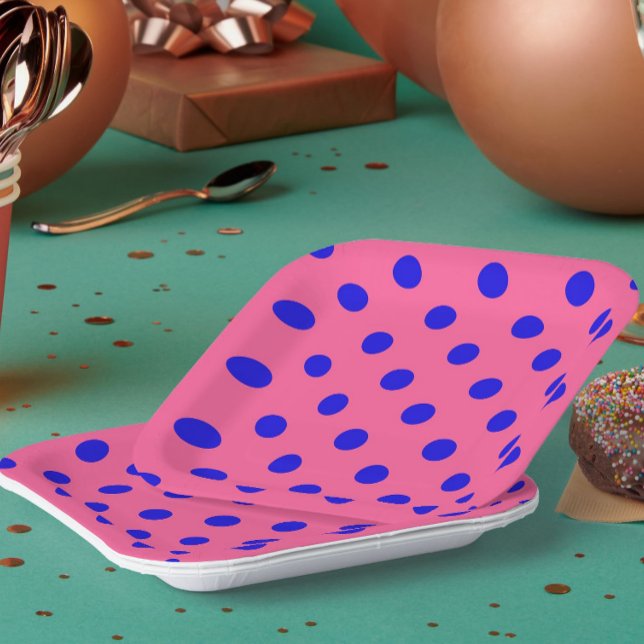 Blue On Pink Polka Dots Pattern Design Paper Plates (Creator Uploaded)