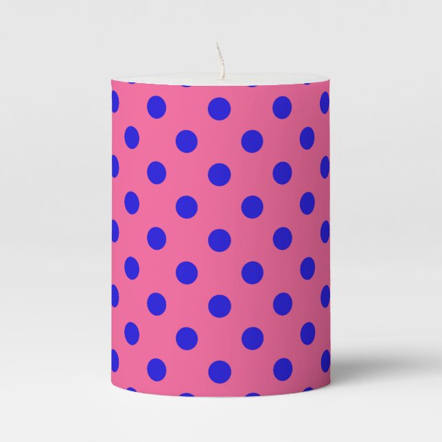 Blue On Pink Polka Dots Pattern Design Pillar Candle (Front)