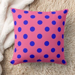 Blue On Pink Polka Dots Pattern Design Throw Pillow