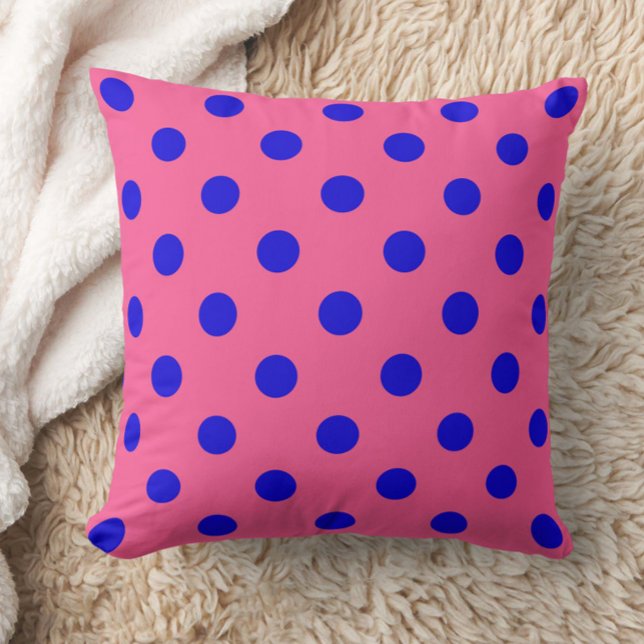 Blue On Pink Polka Dots Pattern Design Throw Pillow (Creator Uploaded)