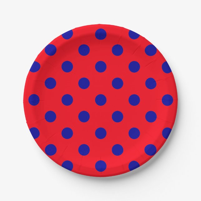 Blue On Red Polka Dots Pattern Design  Paper Plates (Front)