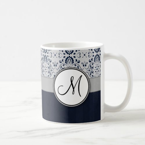 Blue on Silver Damask w Navy Stripes and Monogram Coffee Mug