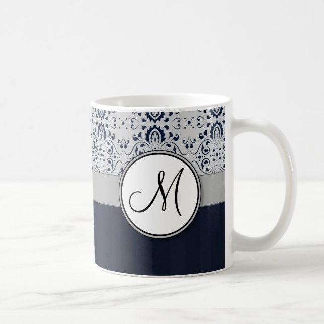 Blue on Silver Damask w Navy Stripes and Monogram Coffee Mug (Right)