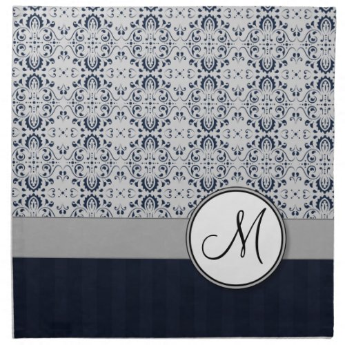 Blue on Silver Damask w Navy Stripes and Monogram Napkin