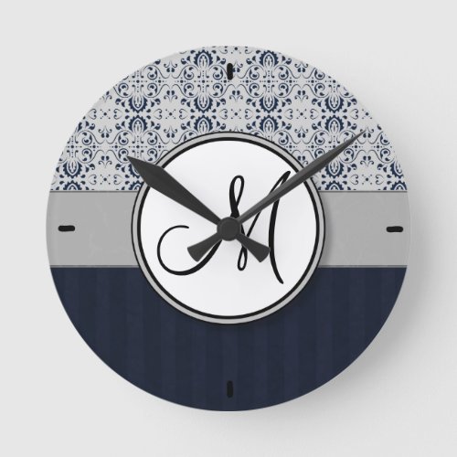 Blue on Silver Damask w Navy Stripes and Monogram Round Clock