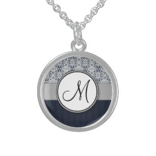 Blue on Silver Damask w Navy Stripes and Monogram Sterling Silver Necklace