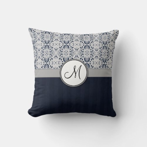 Blue on Silver Damask w Navy Stripes and Monogram Throw Pillow
