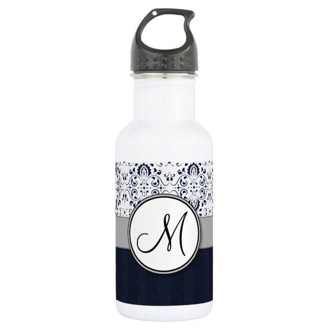 Blue on Silver Damask w Navy Stripes and Monogram Water Bottle (Front)