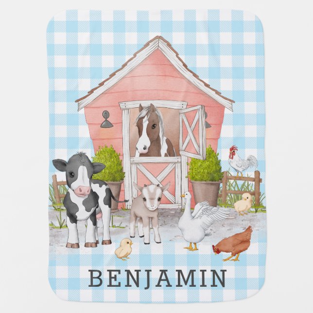 Blue On The Farm Animals Personalized Baby Blanket (Front)