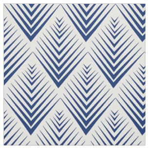 Blue on White Art Deco Fan Flowers Pattern Fabric