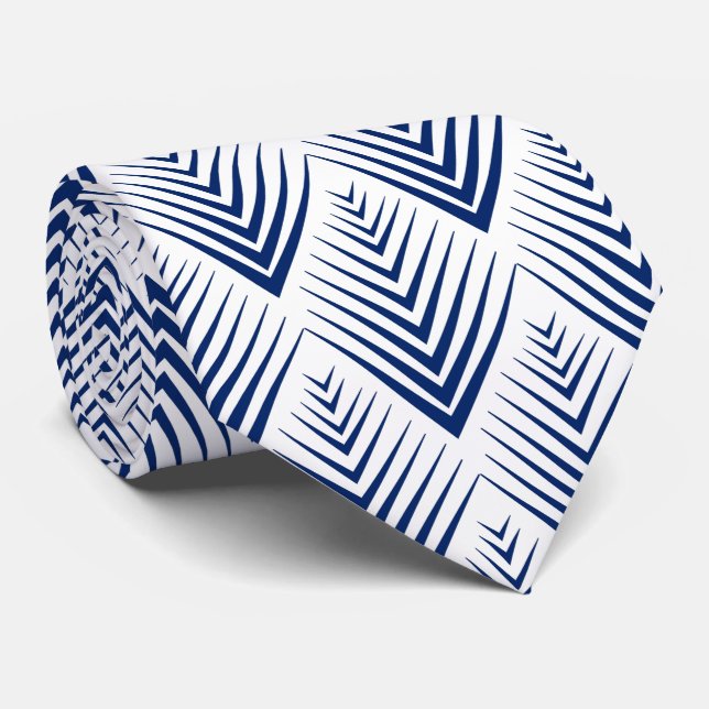 Blue on White Art Deco Fan Flowers Pattern  Neck Tie (Rolled)