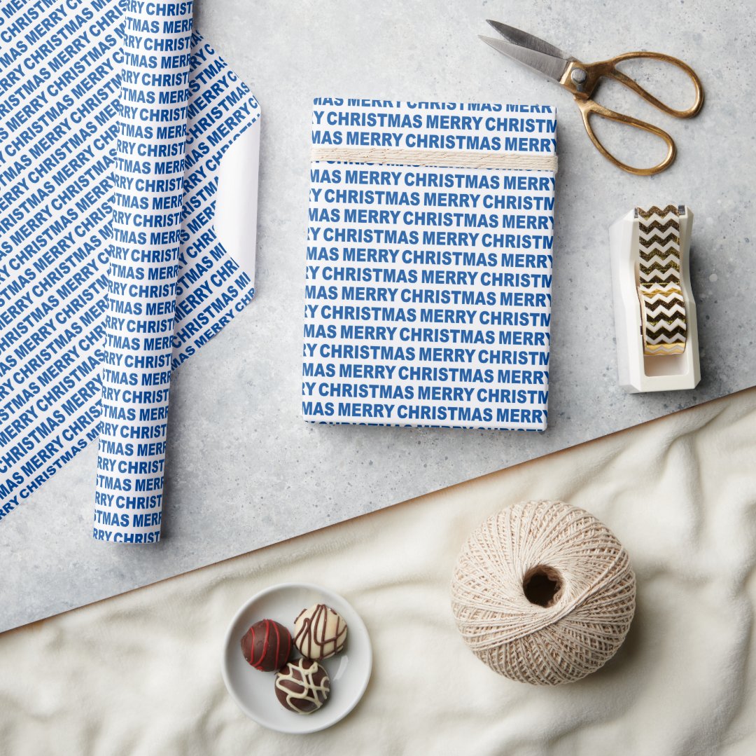 Blue Christmas Typography Wrapping Paper