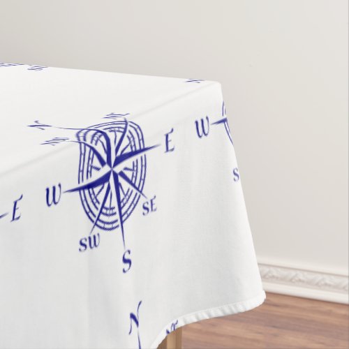 Blue On White Coastal Decor Compass Rose Pattern Tablecloth