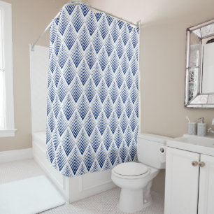 Blue on White Fan Flower Art Deco Pattern Shower Curtain