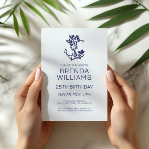 Blue on White Floral Blue Anchor Birthday Party Invitation