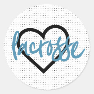 Blue on White Lacrosse Sticks & Hearts Pattern Classic Round Sticker