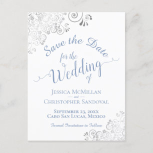 Blue on White Lacy Silver Wedding Save the Date Announcement Postcard