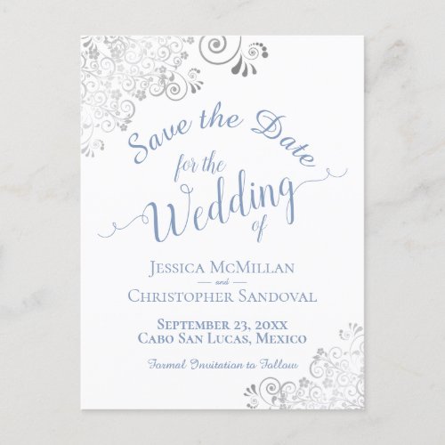 Blue on White Lacy Silver Wedding Save the Date Announcement Postcard