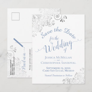 Blue on White Lacy Silver Wedding Save the Date Announcement Postcard