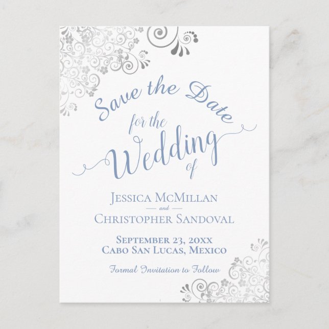 Blue on White Lacy Silver Wedding Save the Date Announcement Postcard (Front)