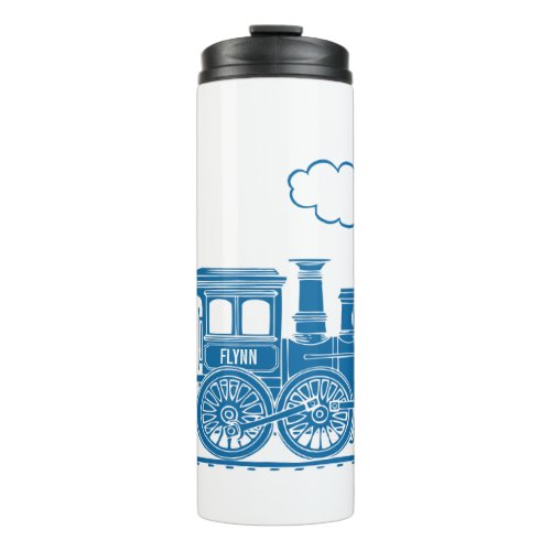 Blue on white steam train kids custom name graphic thermal tumbler