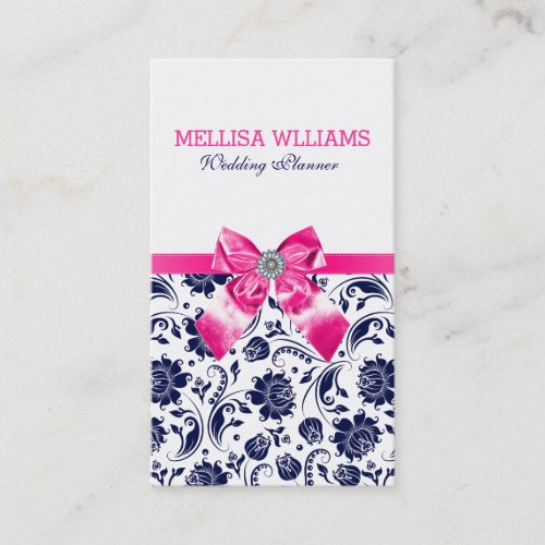 Blue On White Vintage Damasks With Pink Bow Business Card