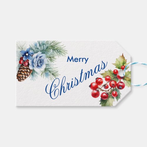 Blue on White with Holly Berries Christmas Gift Tags