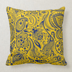 Blue On Yellow Vintage Paisley Throw Pillow