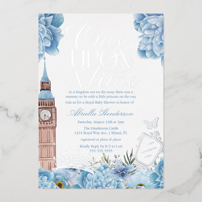 Blue Once Upon a Time Princess Baby Shower Foil Invitation (Front)