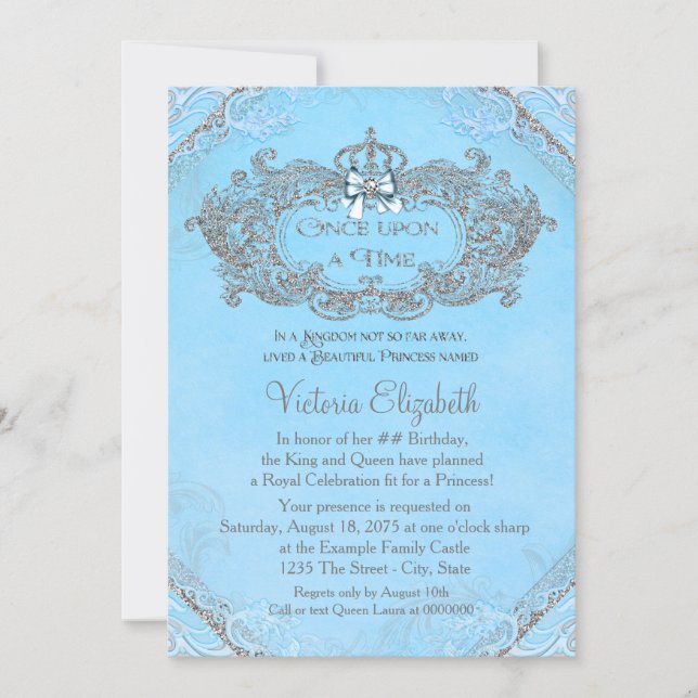 Blue Once Upon a Time Princess Birthday Invitation (Front)