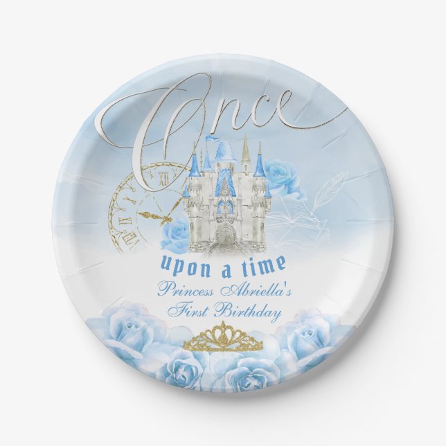 Blue Once Upon a Time Princess Birthday Paper Plates (Front)