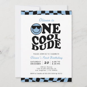 Blue One Cool Dude Preppy Smile Boy 1st Birthday Invitation
